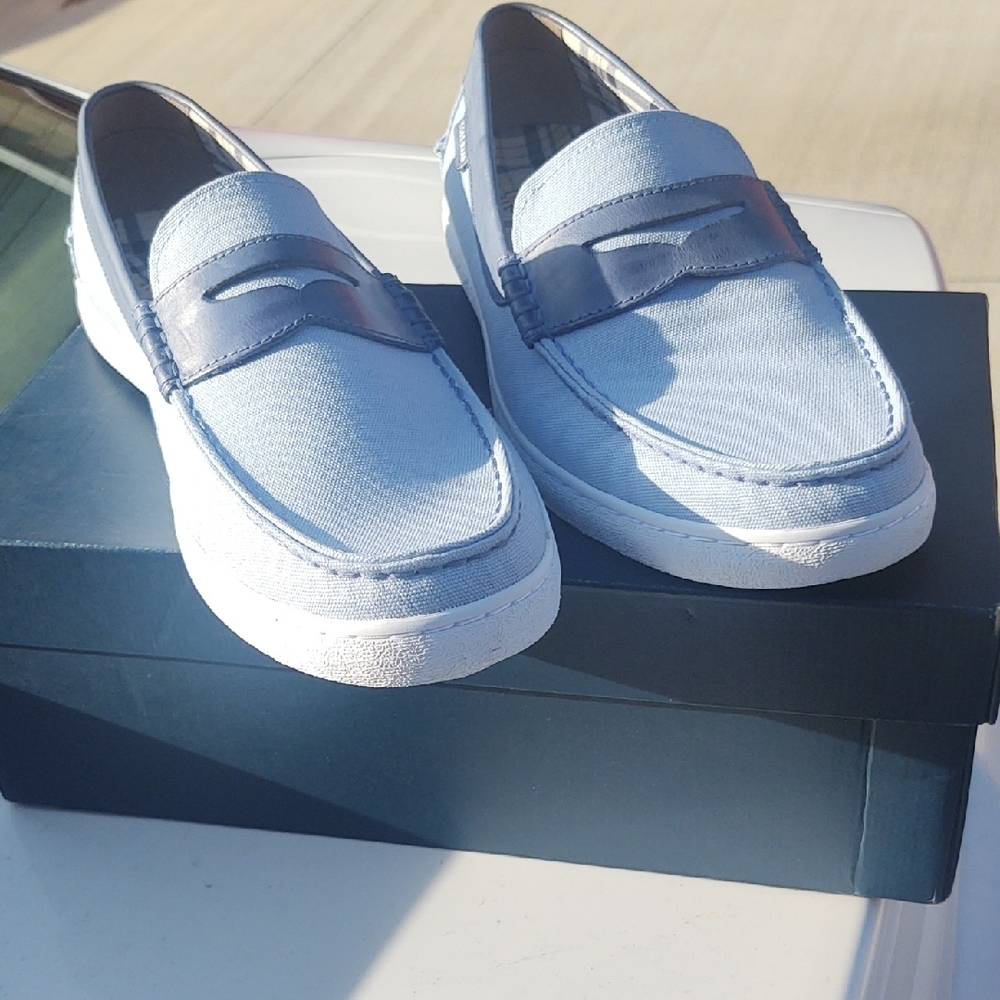 Cole Haan Men's Nantucket Chambray Blue Canvas/ White Suede Penny Loafers NWT